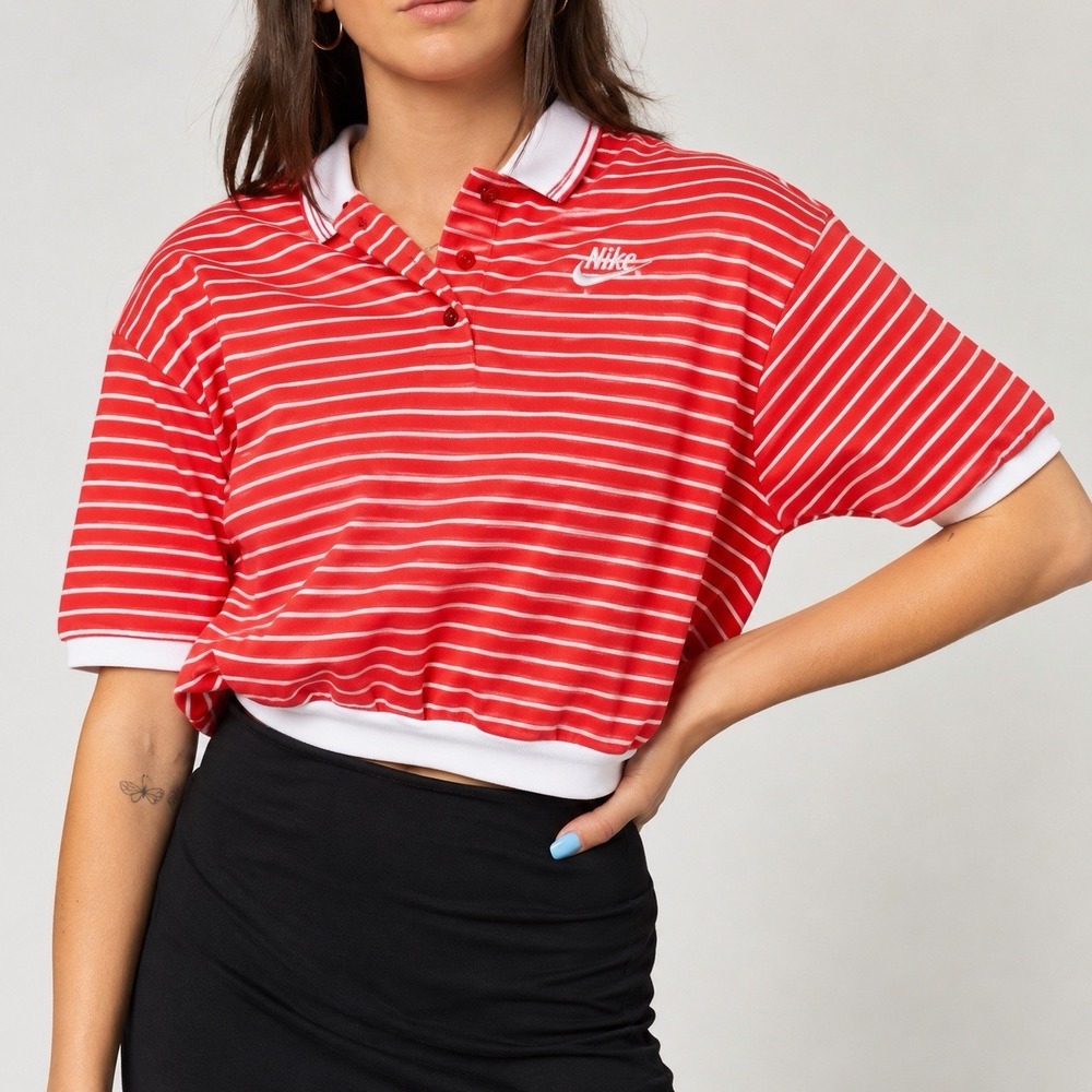 Nike Retro Femme Polo XXL Red White Stripe Cropped Oversized